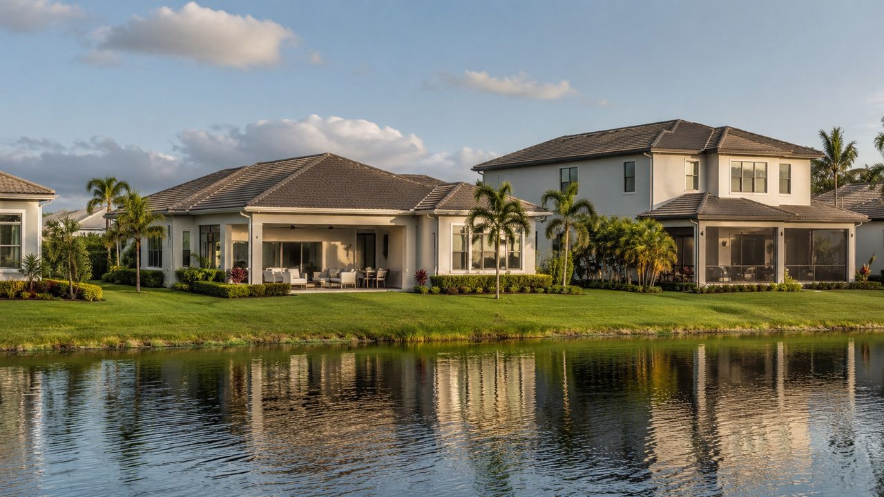 Lakefront single family homes at SkySail reflected in calm water at golden hour