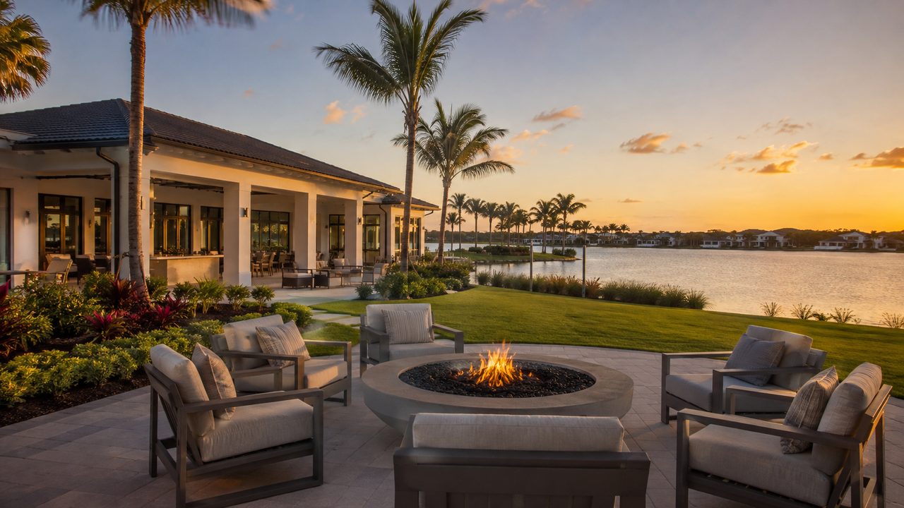 Lakehouse terrace with lounge chairs around a firepit overlooking a lake at sunset