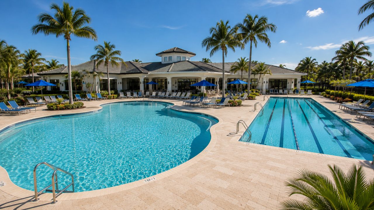 Lagoon style resort pool with a separate lap pool, sun loungers and palm trees